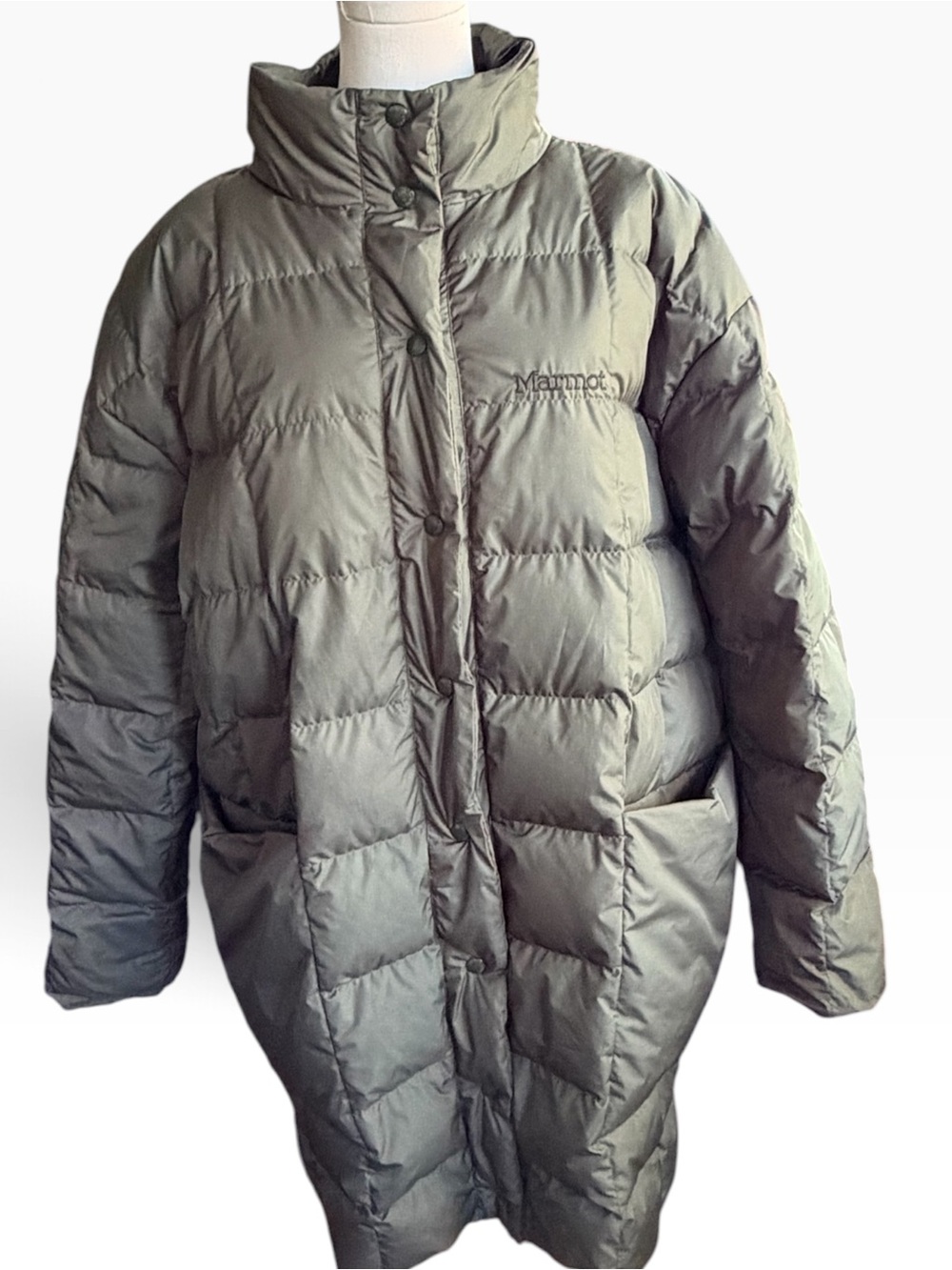 Marmot Mountain Works XL Long Down Puffer Coat Funnel Neck Olive Green